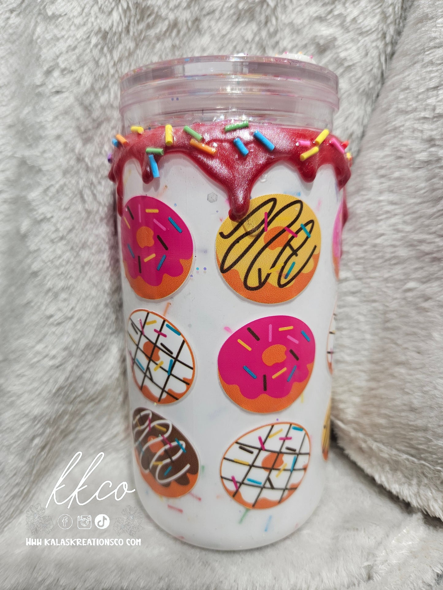 16oz donut milk snow globe glitter tumbler with icing drip, sprinkles and 3D donut lid