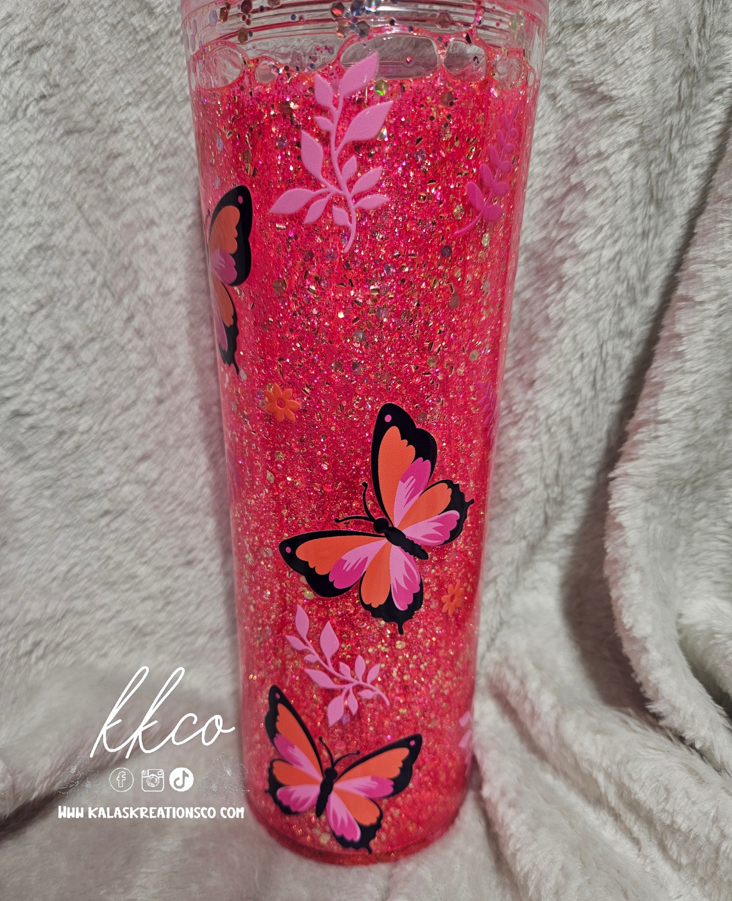 20oz pink butterfly snow globe flip top tumbler