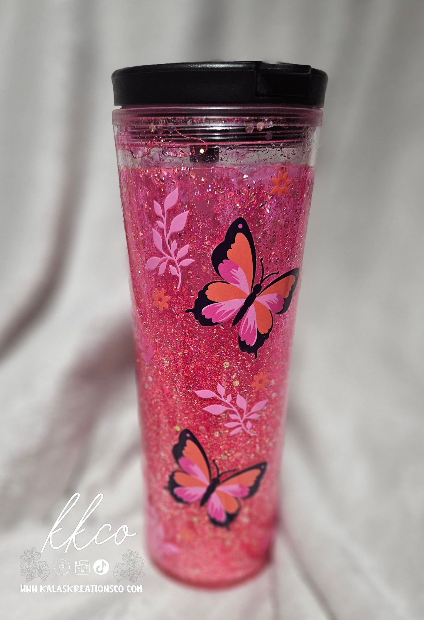 20oz pink butterfly snow globe flip top tumbler