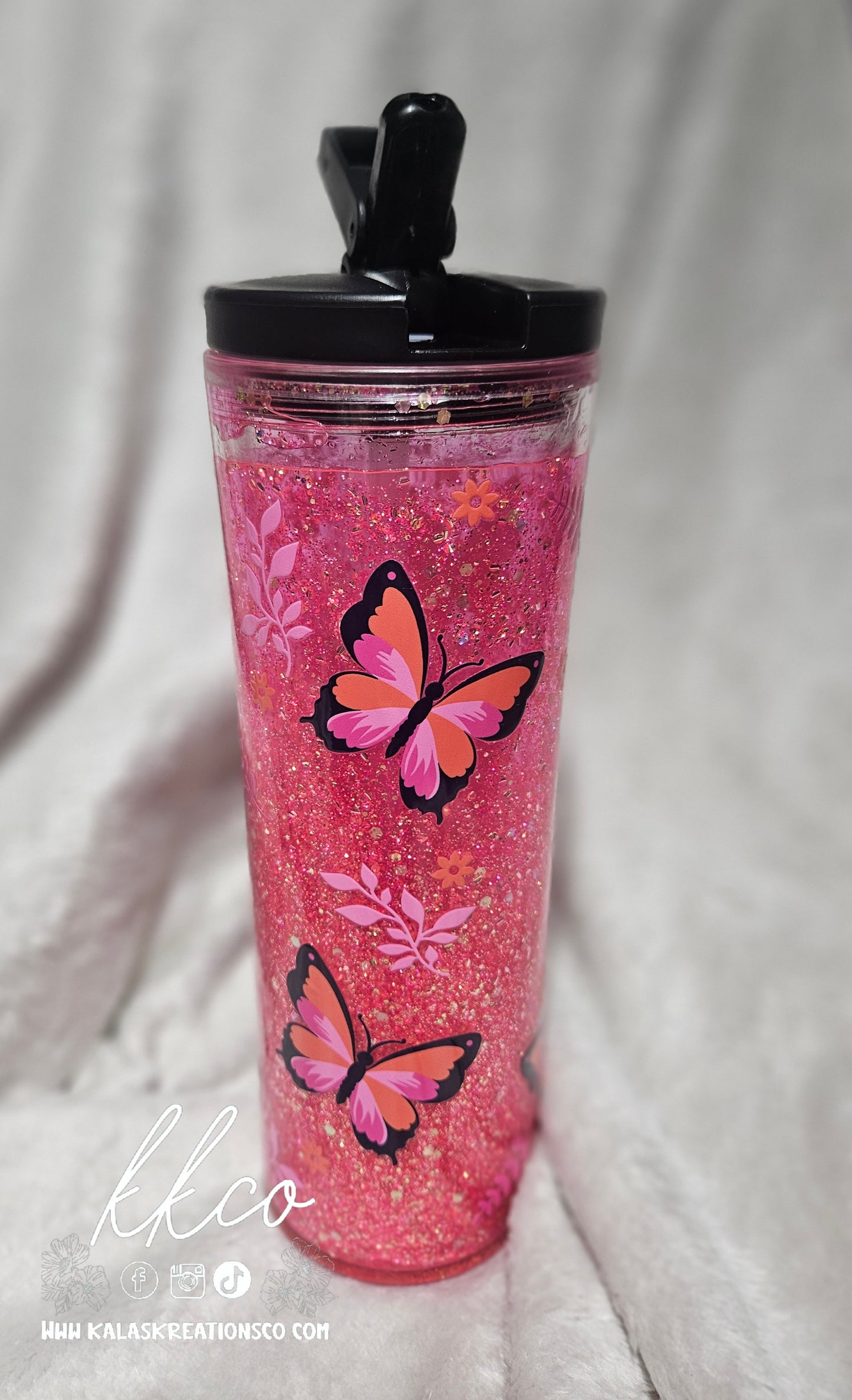 20oz pink butterfly snow globe flip top tumbler