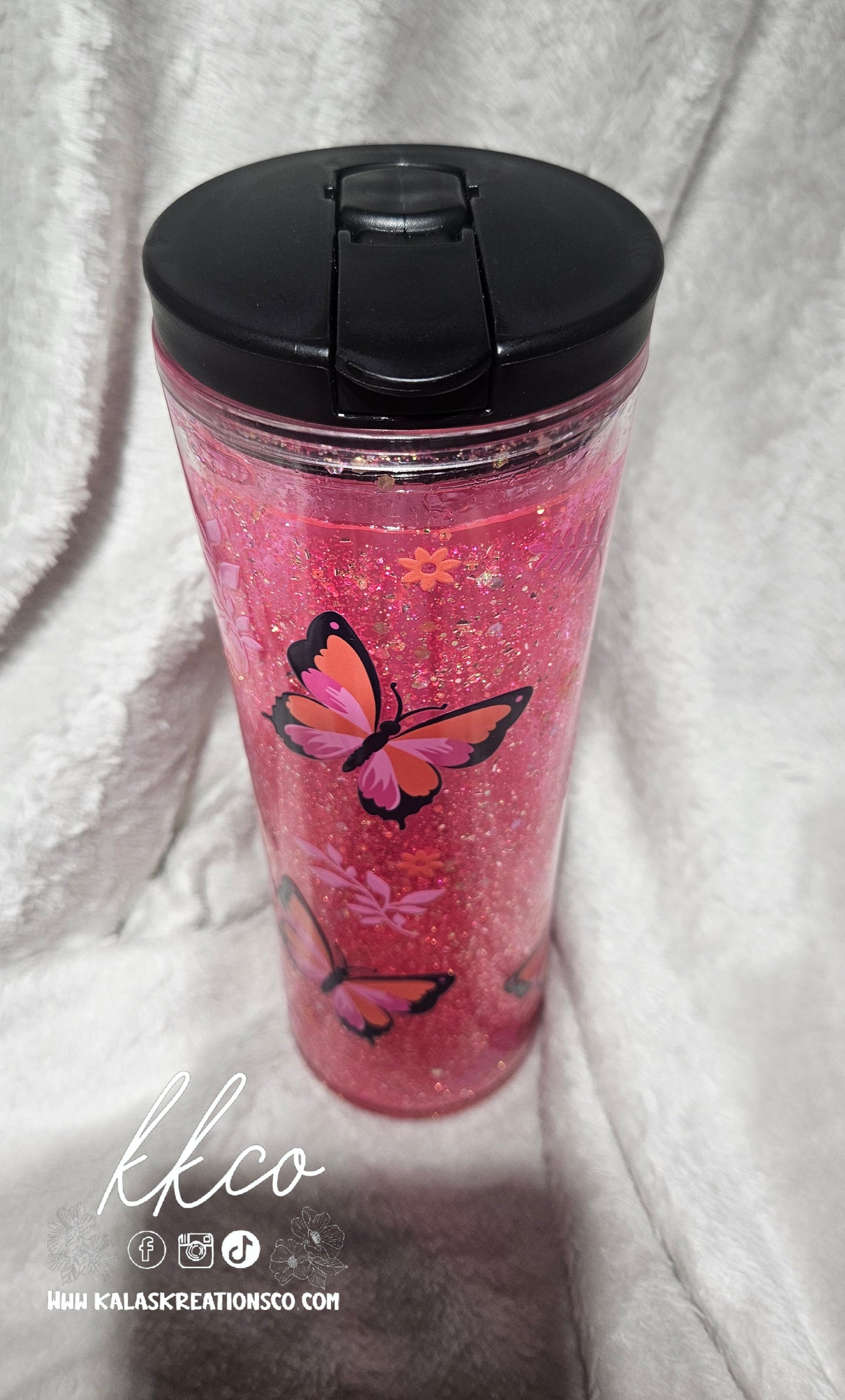 20oz pink butterfly snow globe flip top tumbler