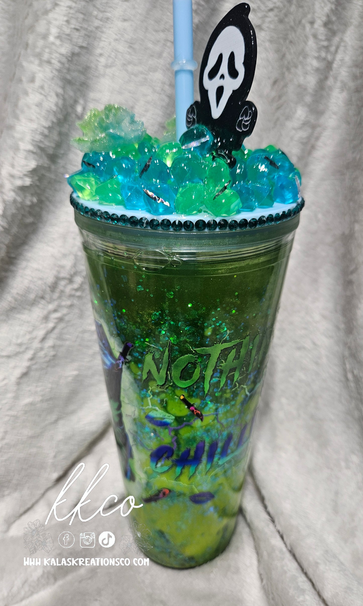 24oz Ghost Neon Green snow globe Lava tumbler with 3D topper