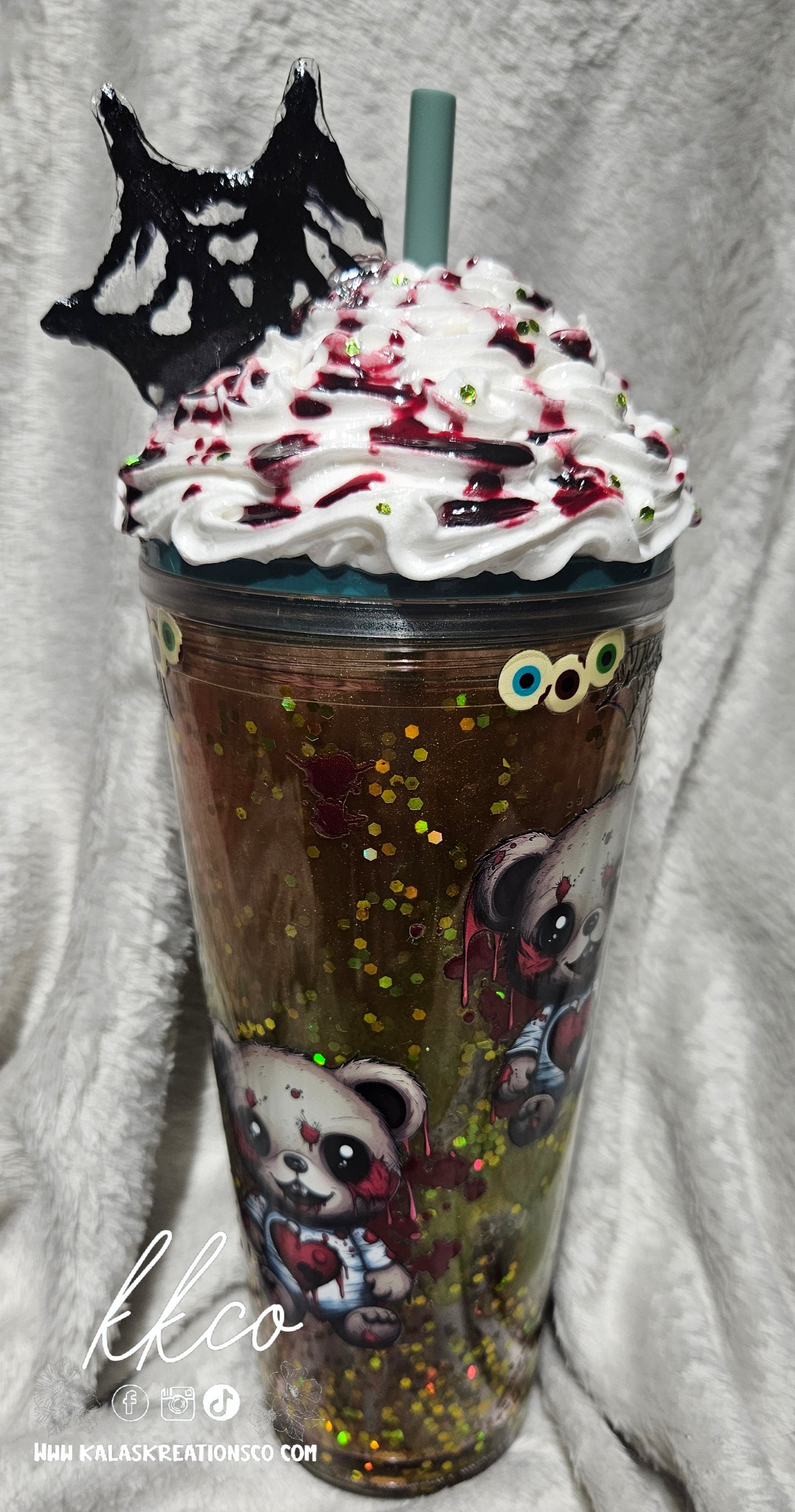 24oz Zombie bear snow globe glitter lava tumbler with whipped 3D lid