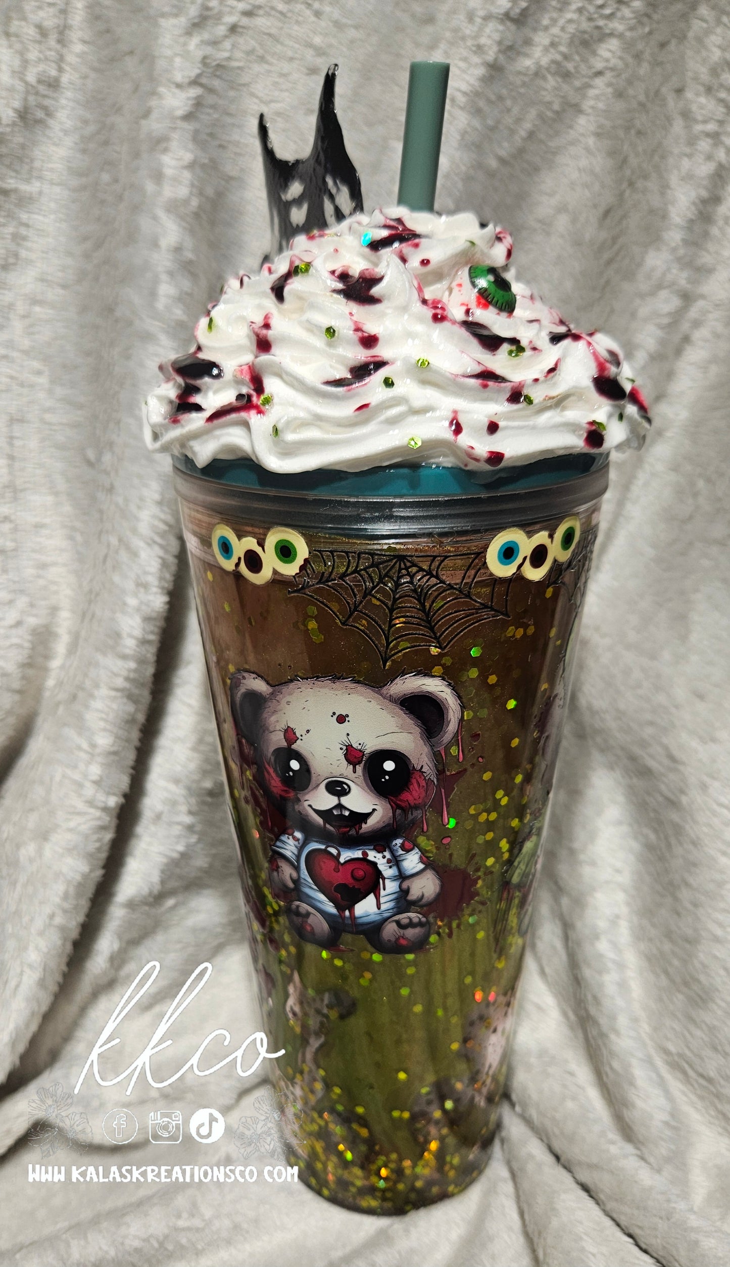 24oz Zombie bear snow globe glitter lava tumbler with whipped 3D lid