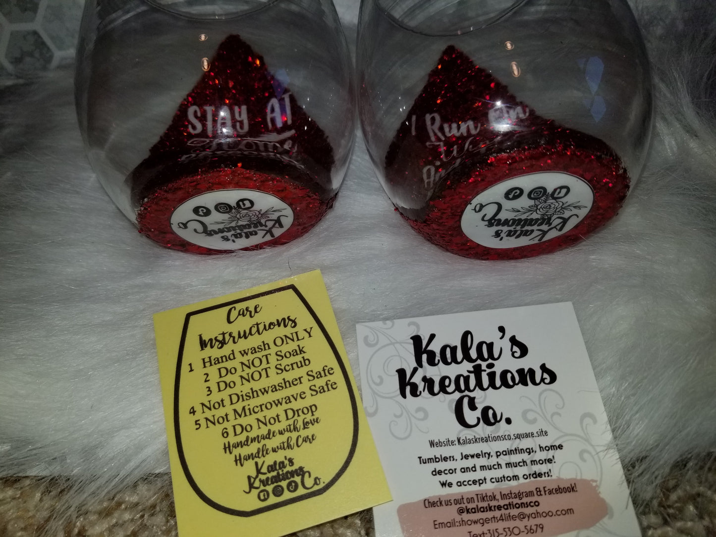 Set of 2-stemless wine glasses run on wine & true crime and stay at home detective quotes.