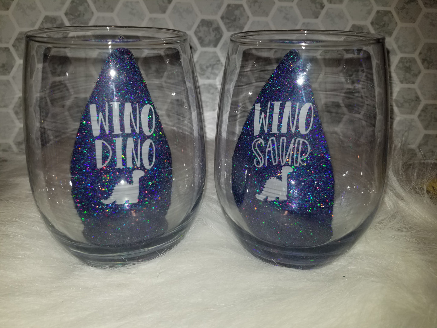 Set of 2- 20oz stemless wine glasses. Purple wino dino & winosaur.