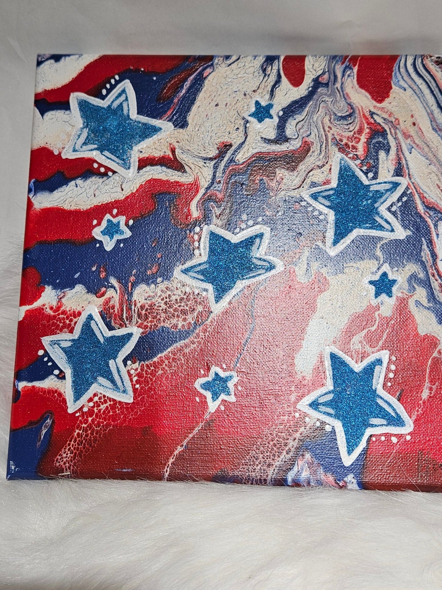 10x10 glittered star, red white & blue acrylic pour Canvas