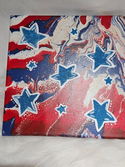 10x10 glittered star, red white & blue acrylic pour Canvas