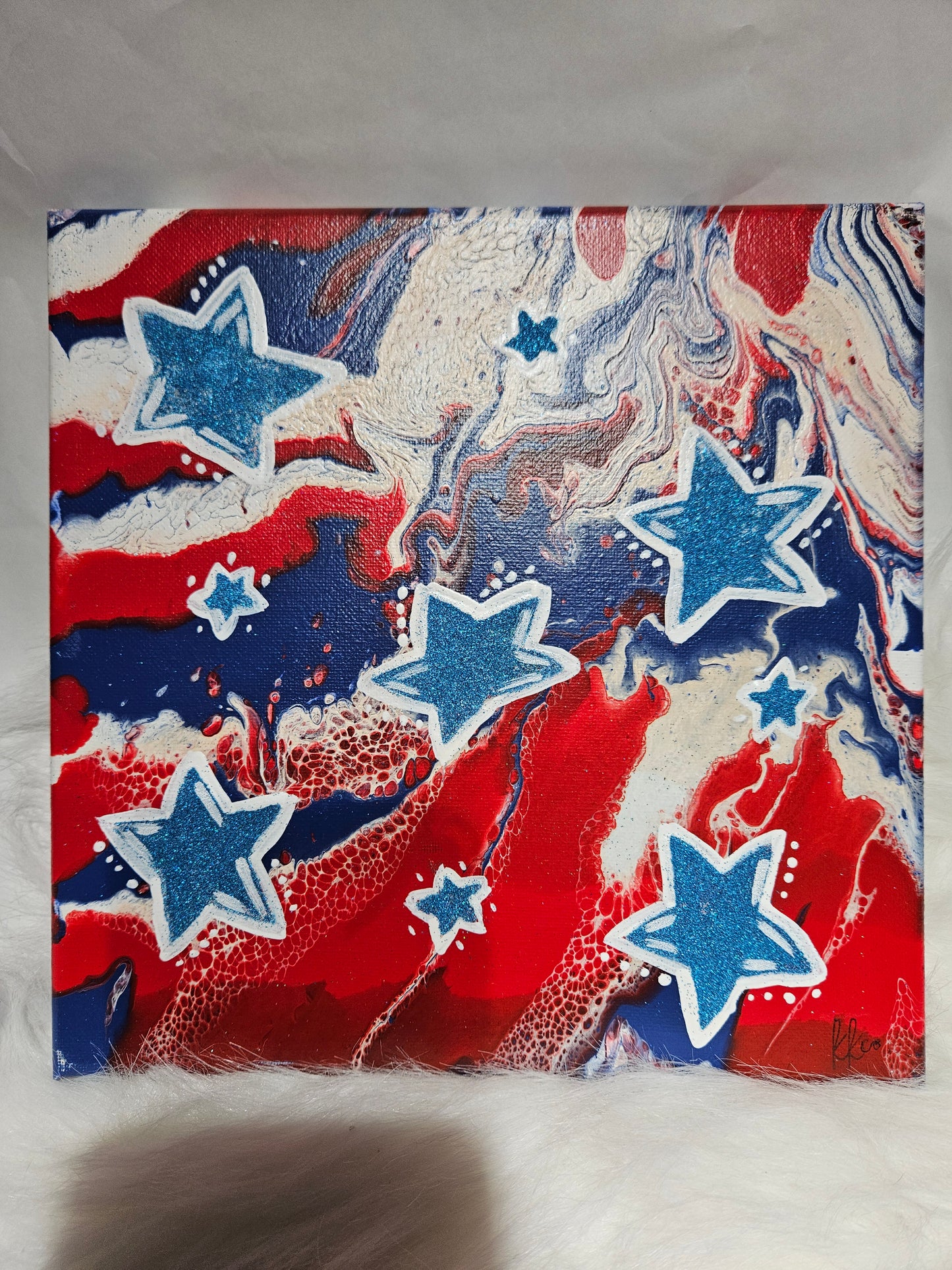 10x10 glittered star, red white & blue acrylic pour Canvas