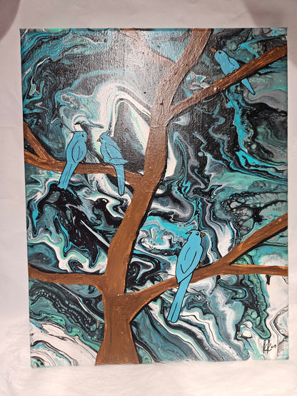 11x14 blue birds on a tree acrylic pour Canvas