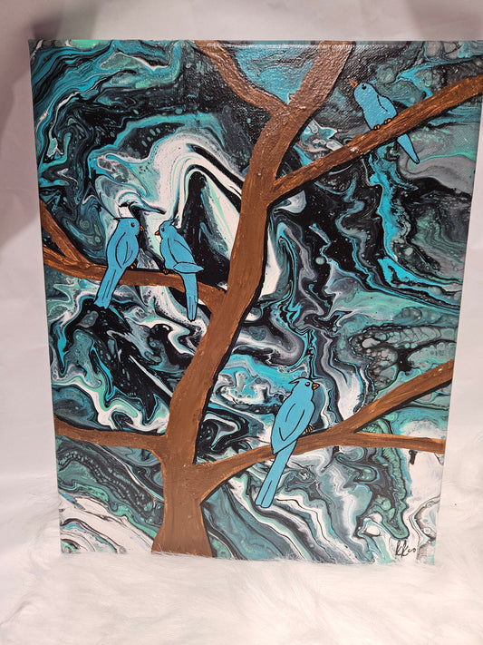 11x14 blue birds on a tree acrylic pour Canvas