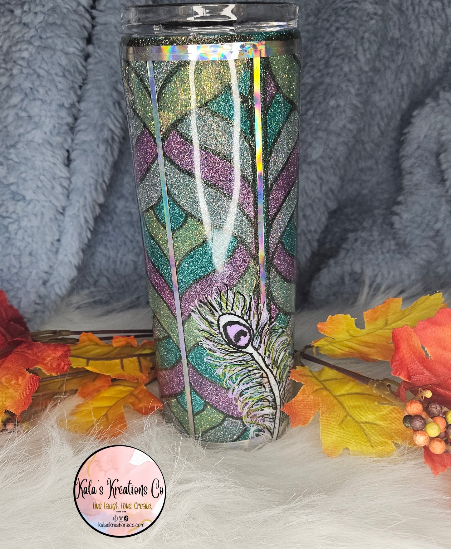 20 oz peacock glittered hand painted epoxy tumbler