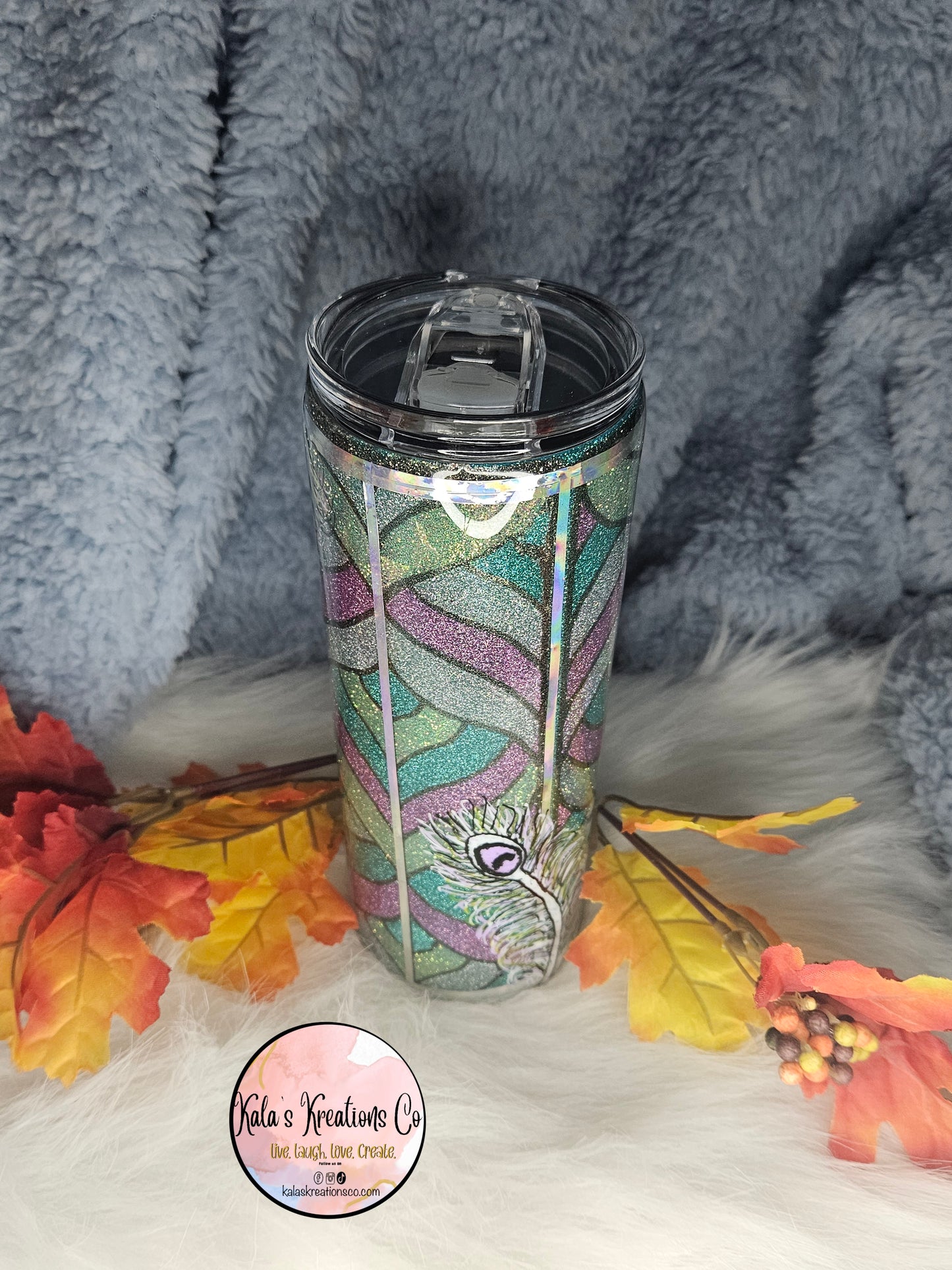 20 oz peacock glittered hand painted epoxy tumbler