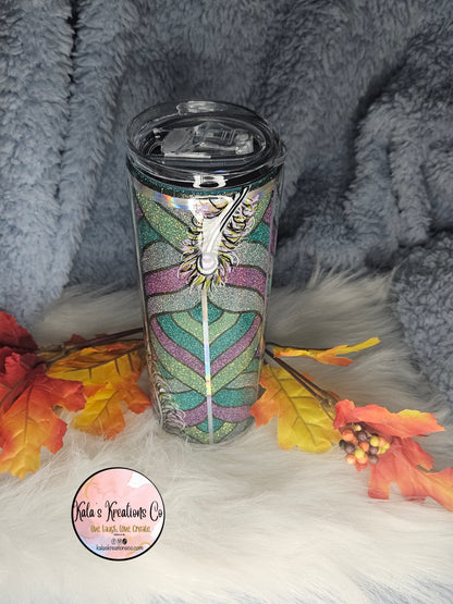 20 oz peacock glittered hand painted epoxy tumbler