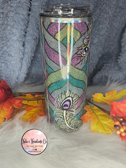 20 oz peacock glittered hand painted epoxy tumbler