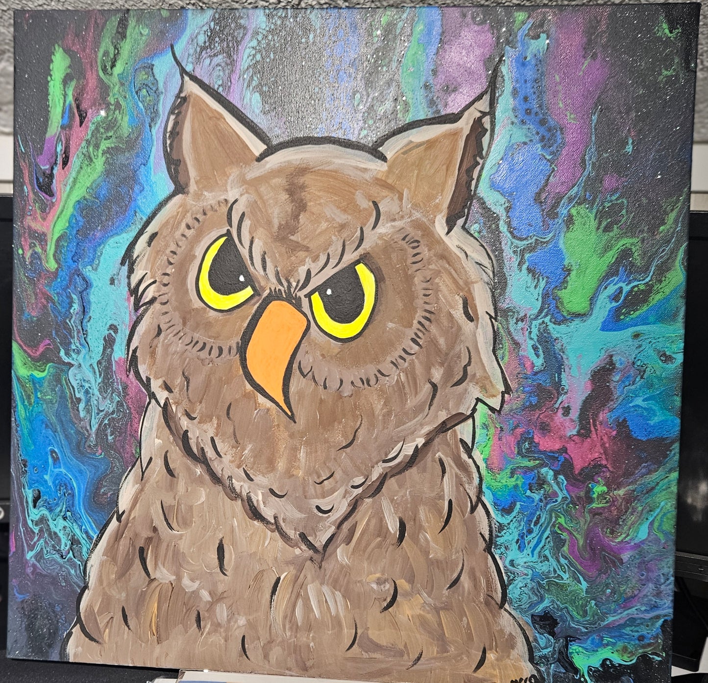 20x20 Angry Owl glitter acrylic pour Hand Painted Canvas