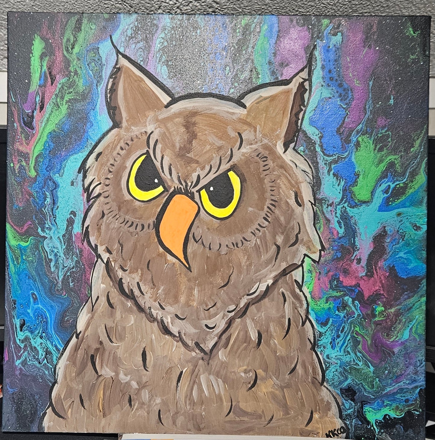 20x20 Angry Owl glitter acrylic pour Hand Painted Canvas