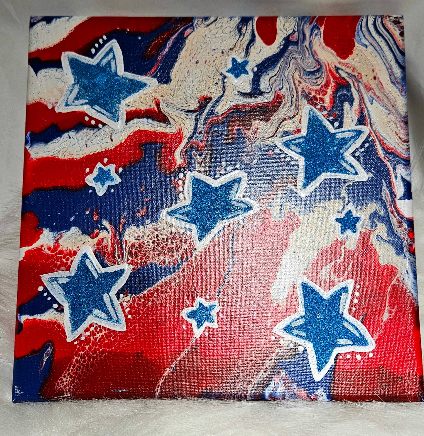 10x10 glittered star, red white & blue acrylic pour Canvas