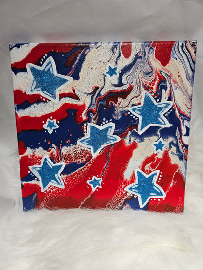 10x10 glittered star, red white & blue acrylic pour Canvas