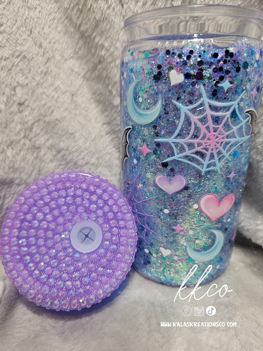 16oz pastel halllween snow globe glitter tumbler with purple rhinestone lid