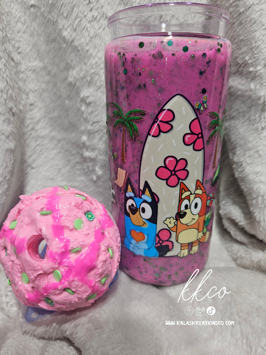 20oz blue dog on a pink and green snow globe glitter tumbler with ice cream scoop lid