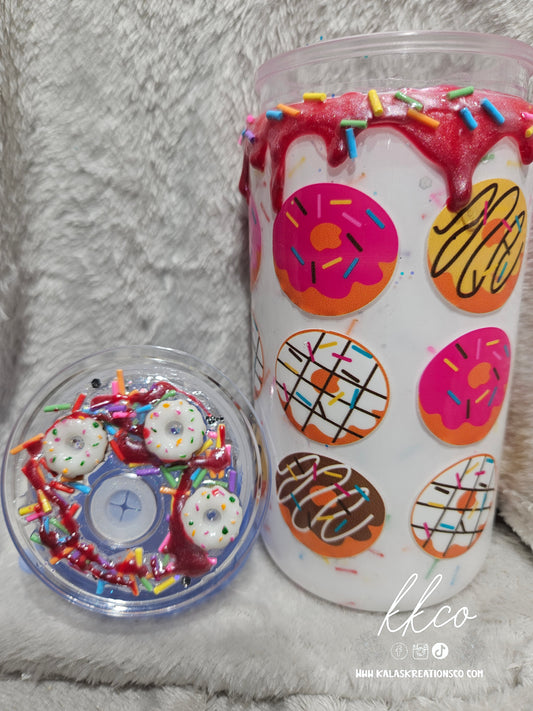 16oz donut milk snow globe glitter tumbler with icing drip, sprinkles and 3D donut lid
