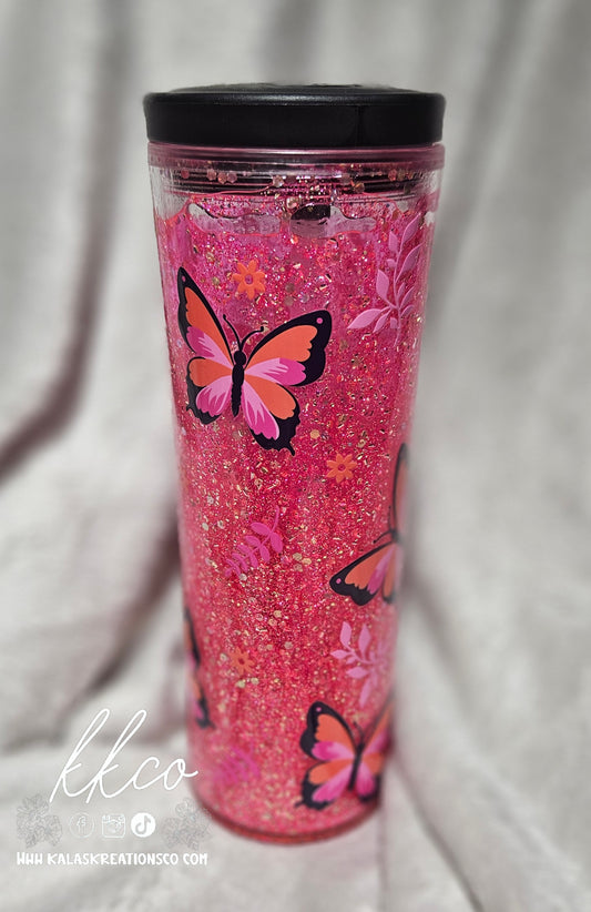 20oz pink butterfly snow globe flip top tumbler