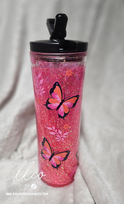 20oz pink butterfly snow globe flip top tumbler