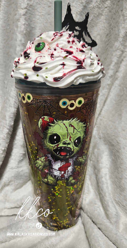 24oz Zombie bear snow globe glitter lava tumbler with whipped 3D lid