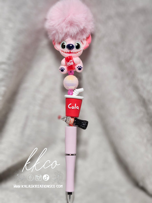 Pink Alien with soda pop Hand-beaded puff ball Pen