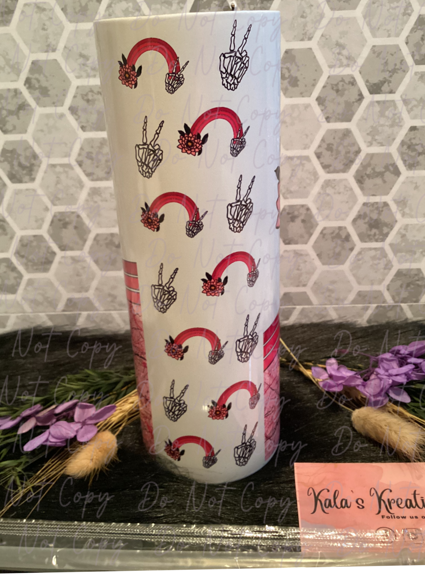 20 oz pink skellie peace fingers sublimation tumbler