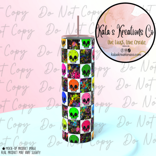 20 oz sublimation tumbler neon skellie heads checkerboard