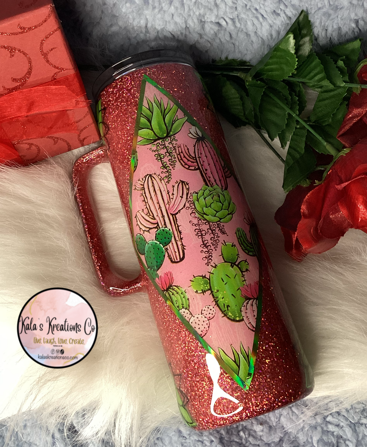 20 oz  pink  cactus epoxy tumbler with handle