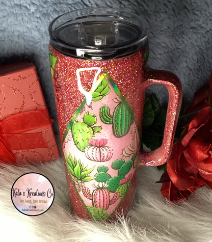 20 oz  pink  cactus epoxy tumbler with handle