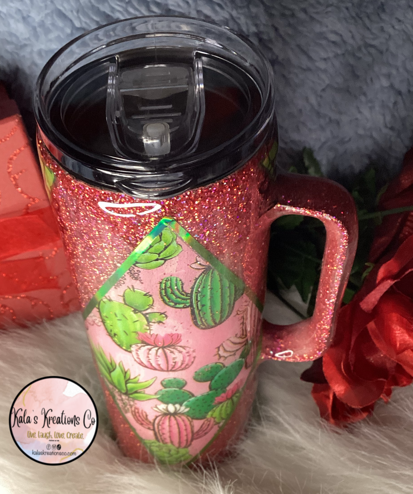 20 oz  pink  cactus epoxy tumbler with handle