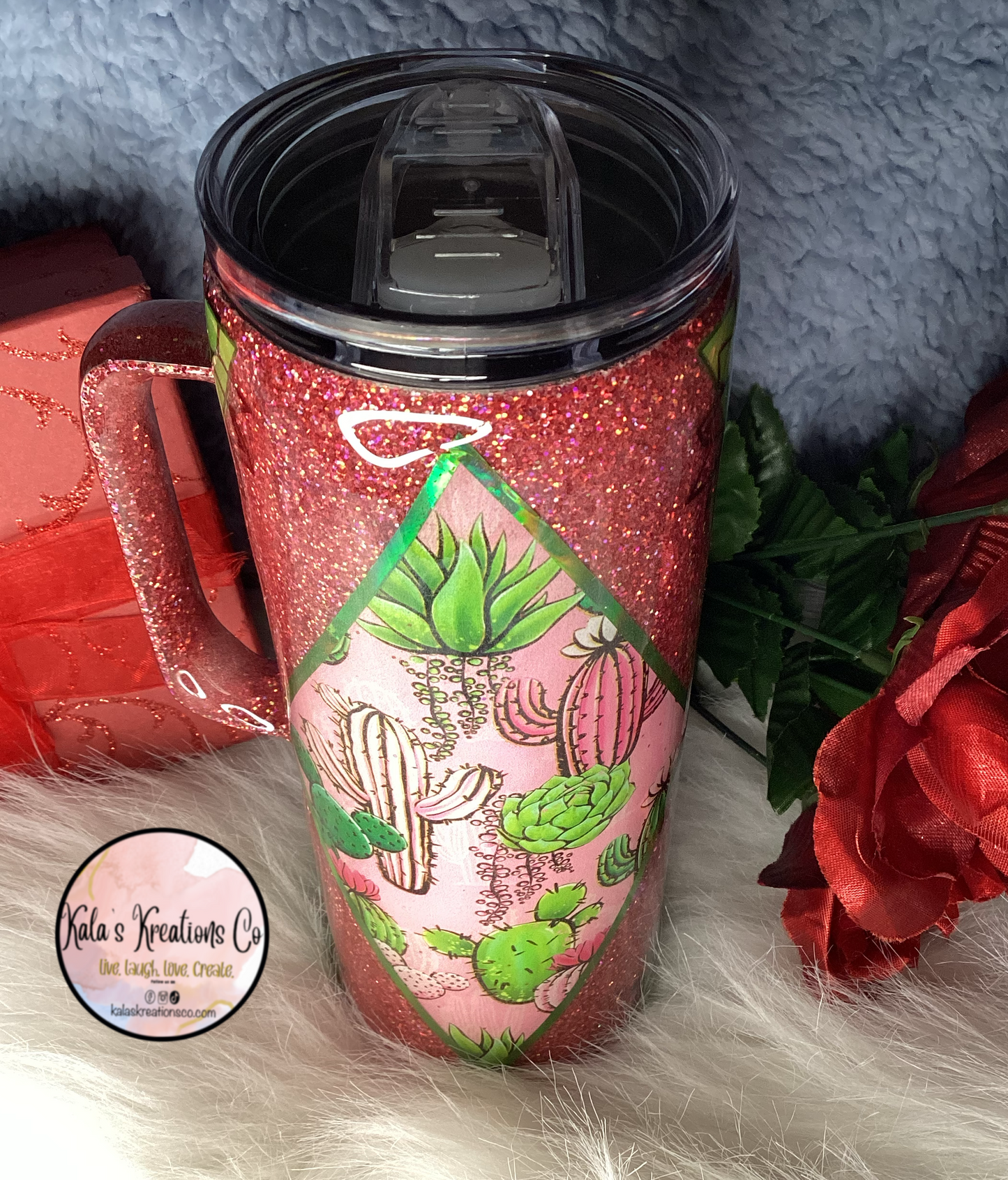 20 oz  pink  cactus epoxy tumbler with handle