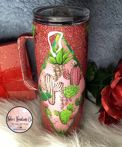 20 oz  pink  cactus epoxy tumbler with handle