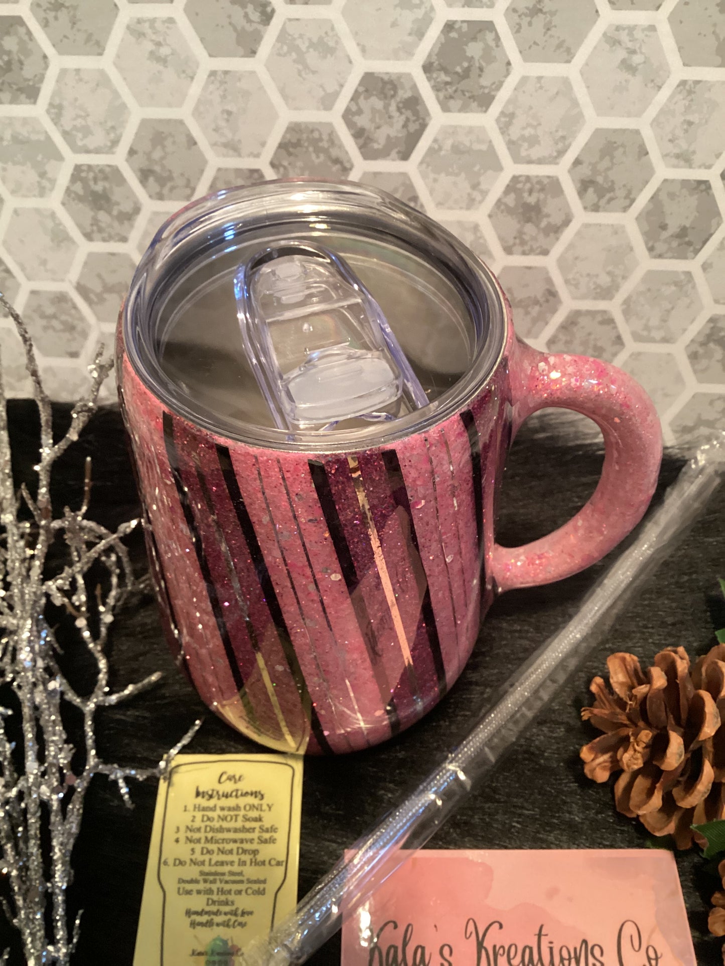 16 oz Pink pinstripe glitter mug tumbler