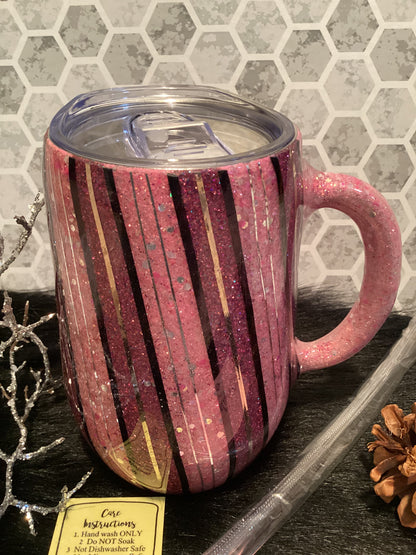 16 oz Pink pinstripe glitter mug tumbler