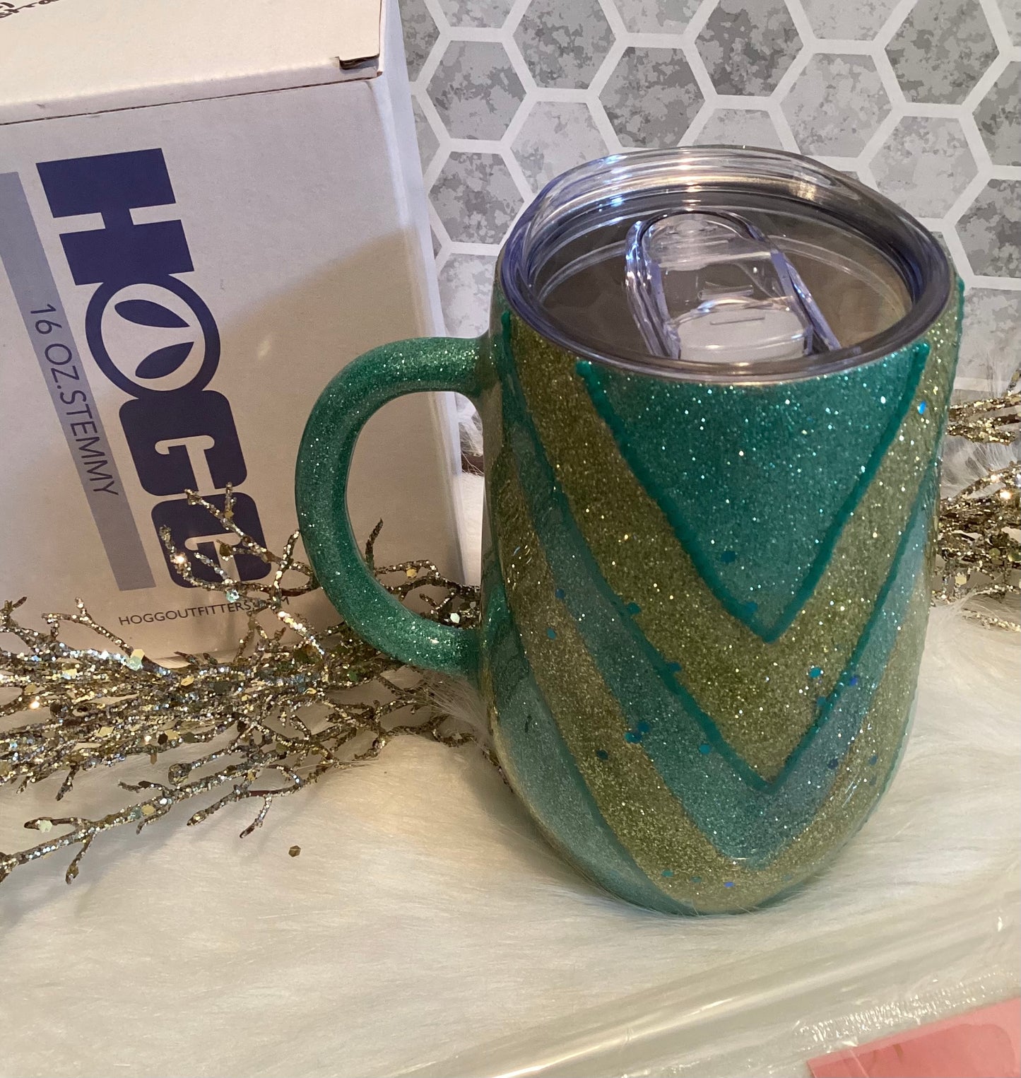 16 oz V-glittered 3D beaded mug tumbler