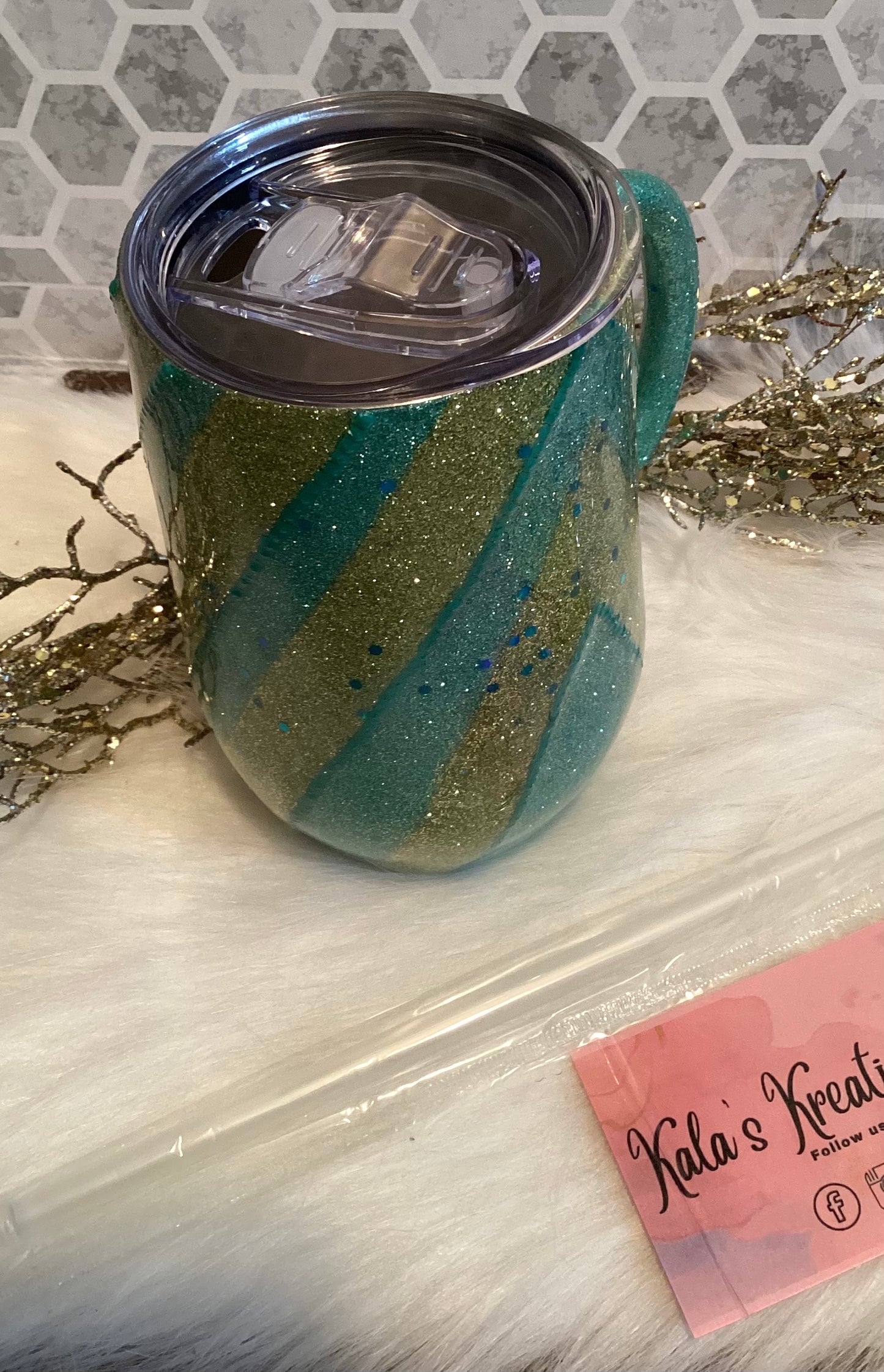 16 oz V-glittered 3D beaded mug tumbler