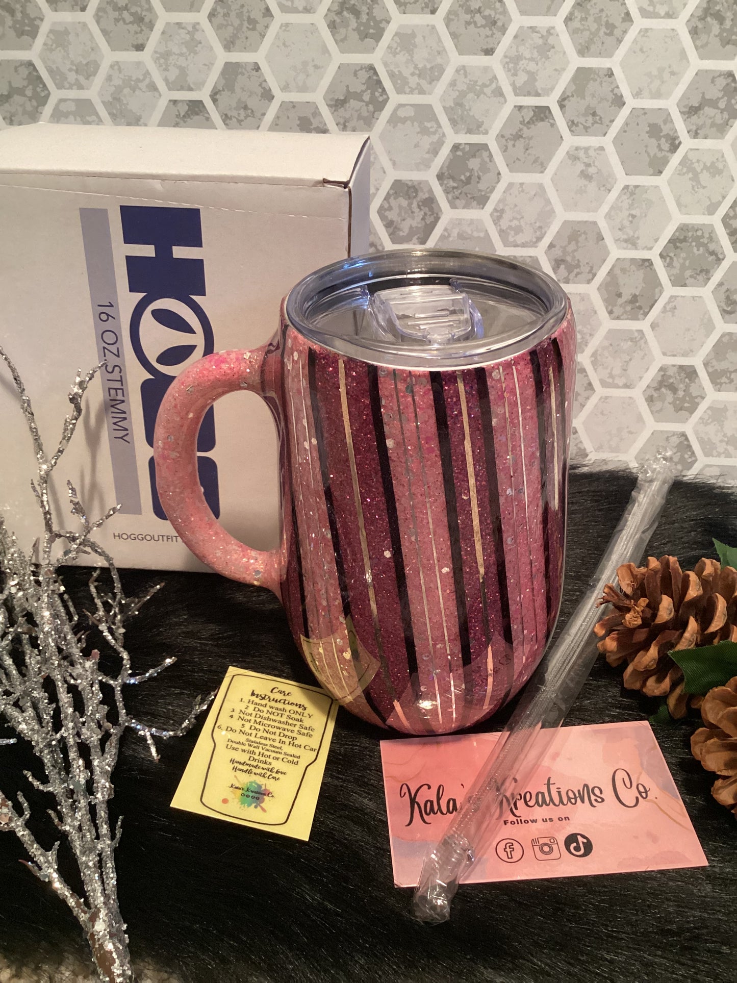 16 oz Pink pinstripe glitter mug tumbler