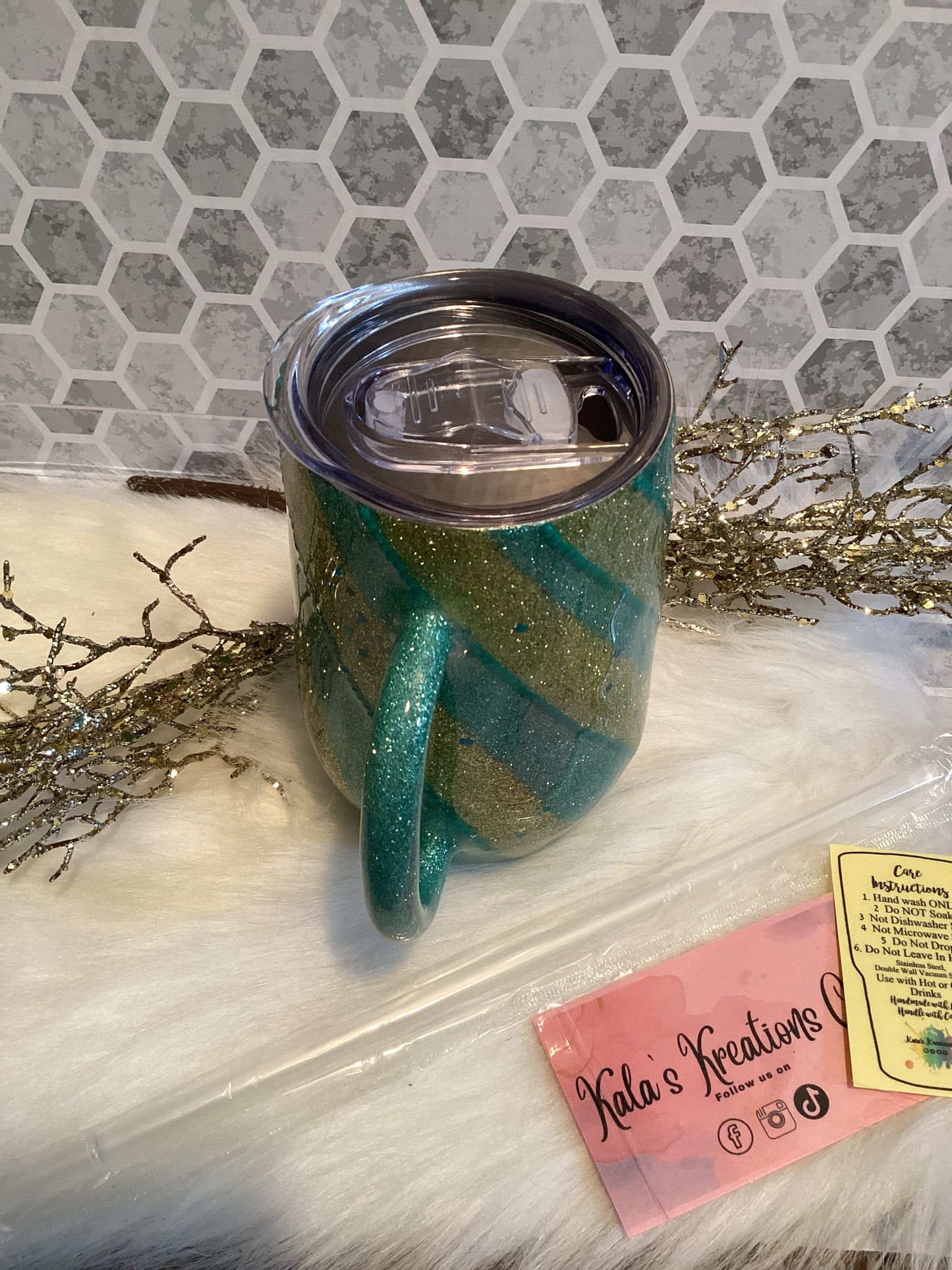 16 oz V-glittered 3D beaded mug tumbler