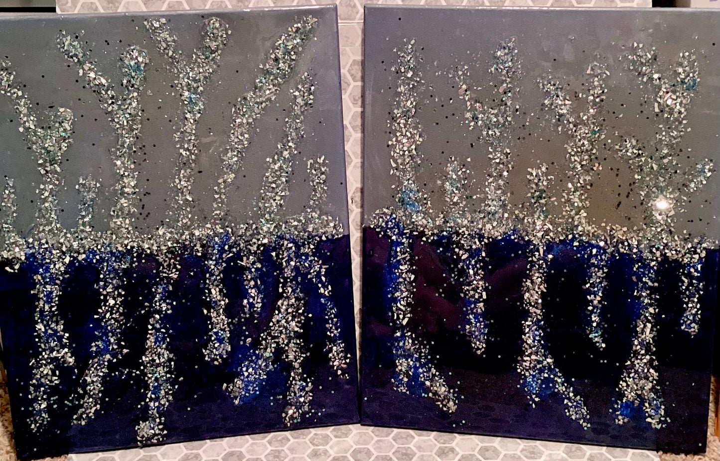 Set of 2-16x20 Epoxy Handmade Shattered Glass Wall Canvases