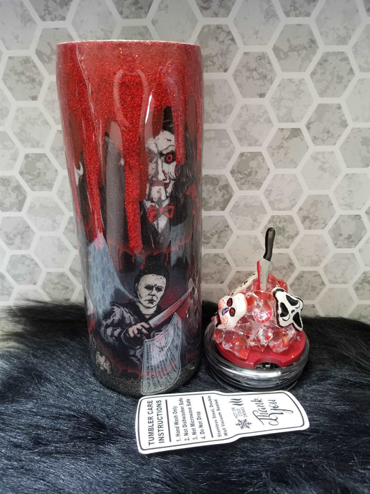 20 oz skinny horror tumbler with removeable bloody ice topper