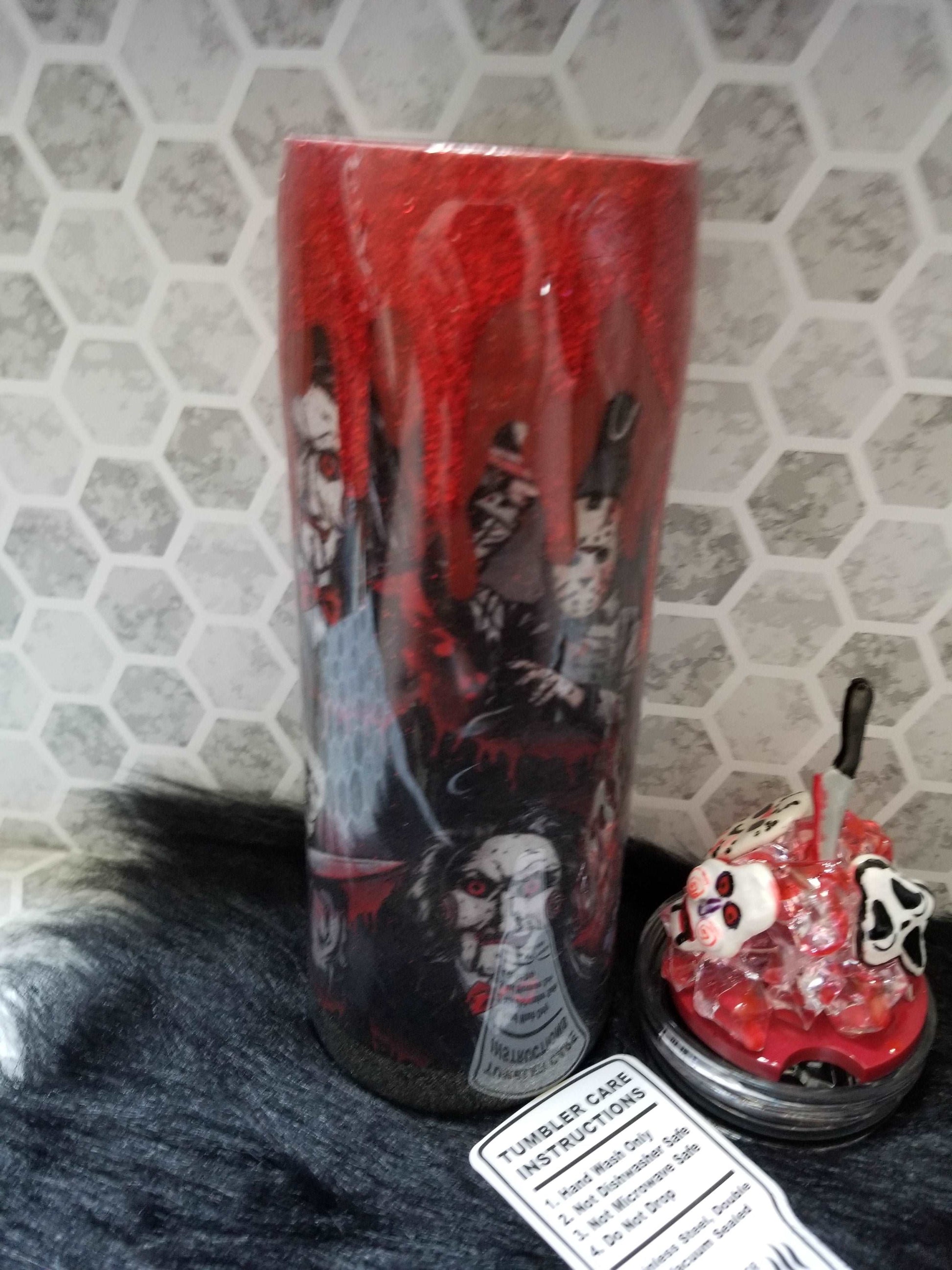 20 oz skinny horror tumbler with removeable bloody ice topper