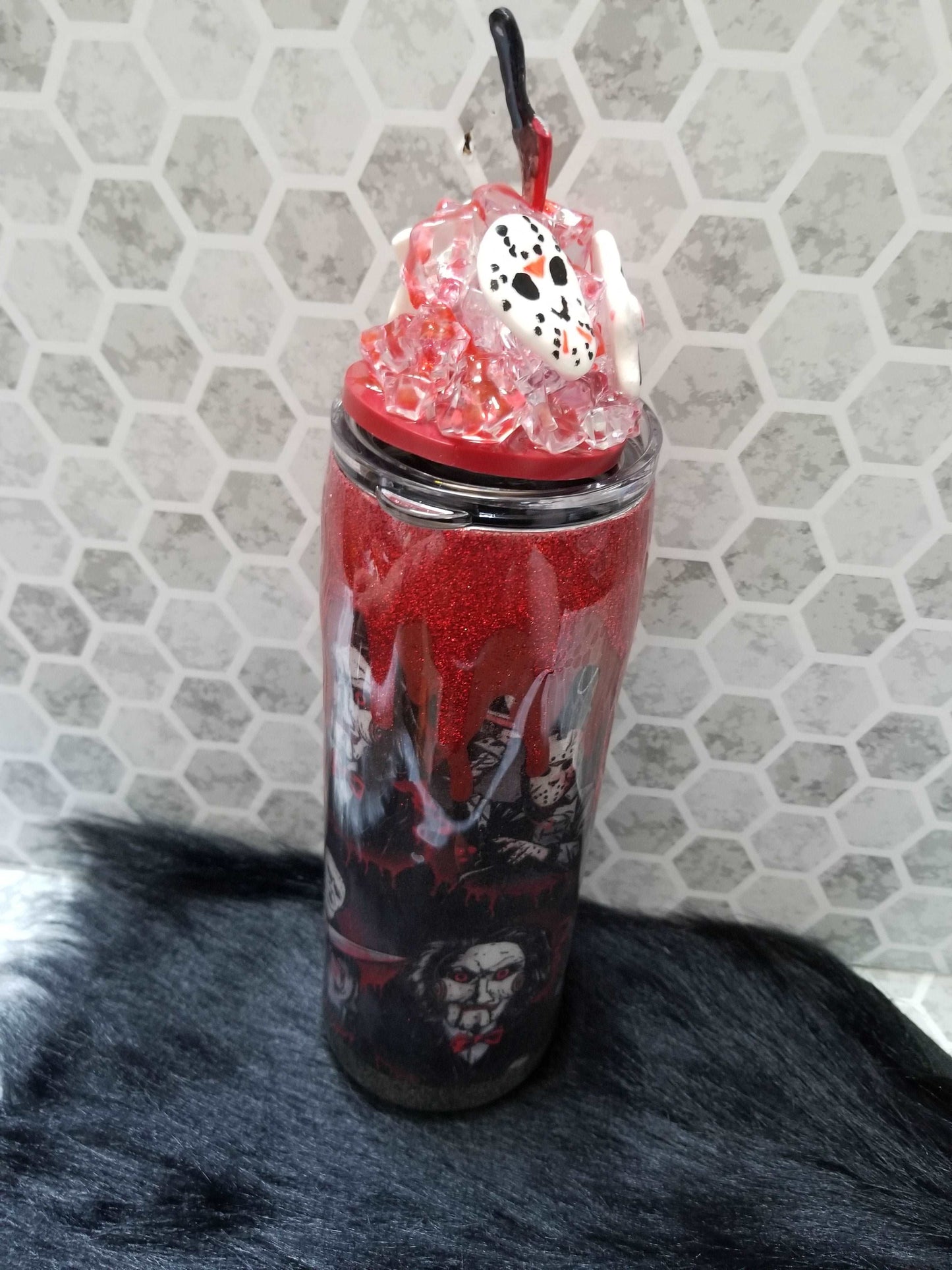 20 oz skinny horror tumbler with removeable bloody ice topper