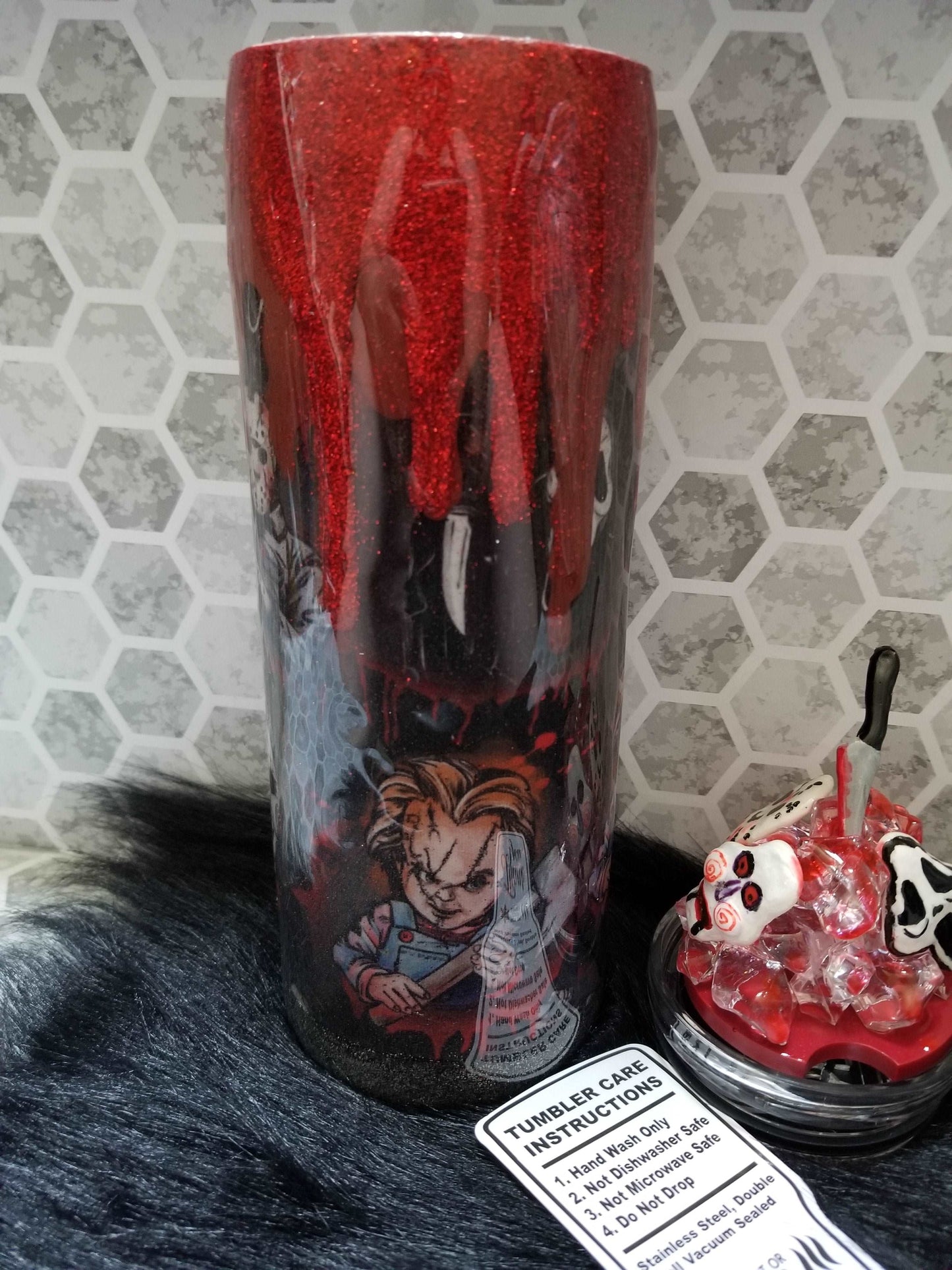 20 oz skinny horror tumbler with removeable bloody ice topper