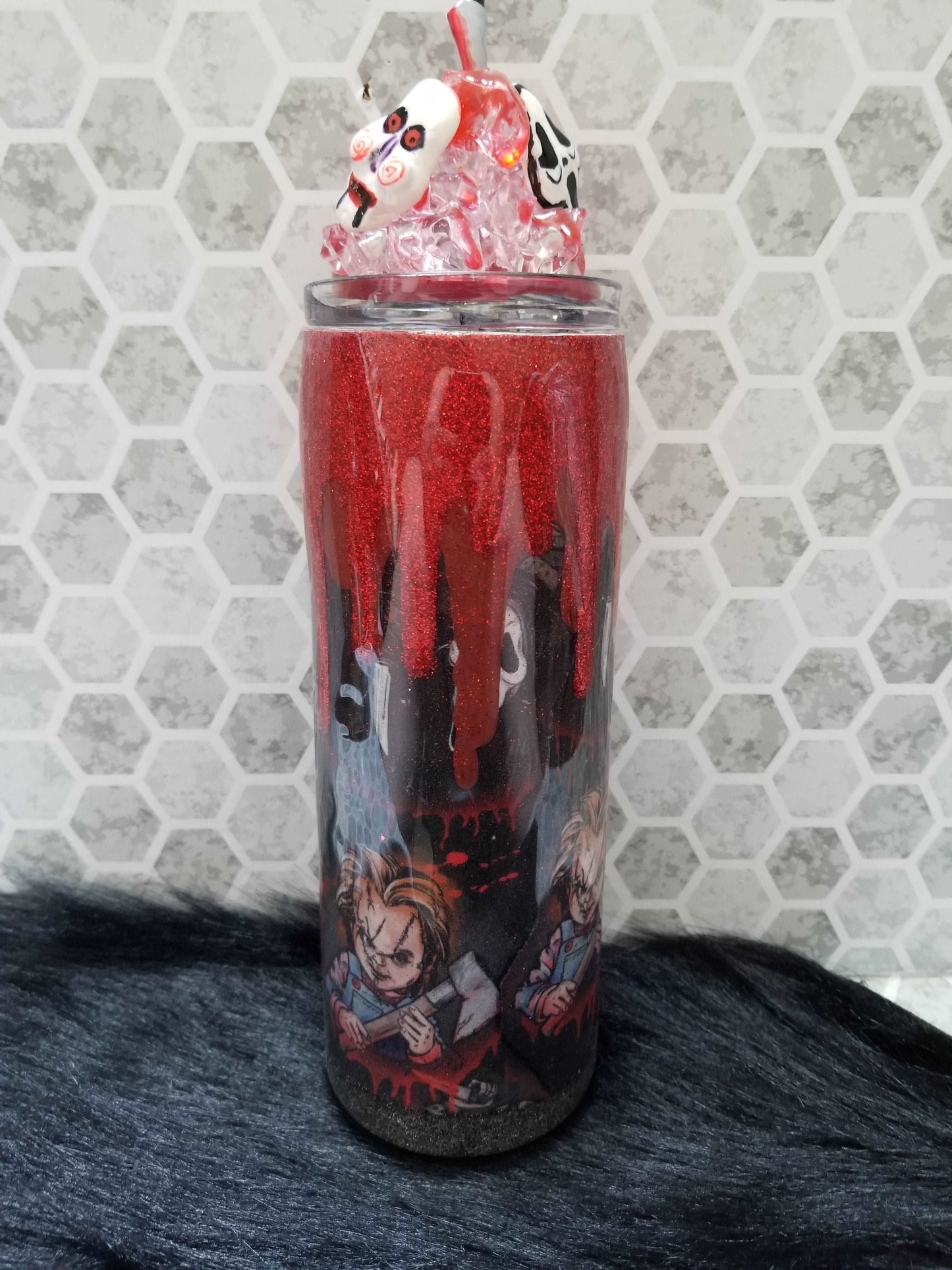 20 oz skinny horror tumbler with removeable bloody ice topper