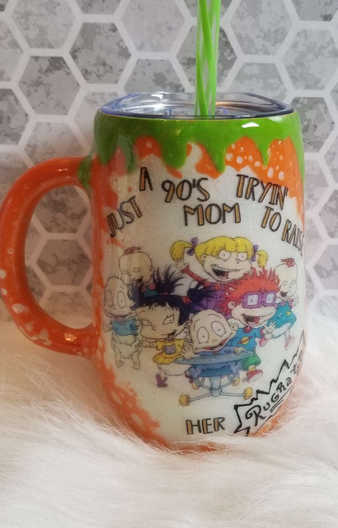 16oz 90s mom green slime drip mug with handle